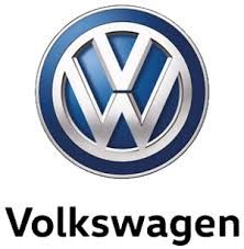 Volkswagen logo: blue circular emblem with silver VW letters above black wordmark on white background