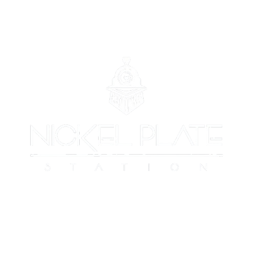 White logo for Nickel Plate Station featuring an icon of a train engine over the stylized text.