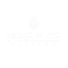 White logo for Nickel Plate Station featuring an icon of a train engine over the stylized text.