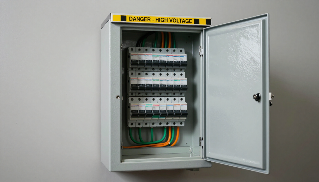 Armario abierto del panel de control eléctrico con disyuntores y cableado, puerta entreabierta