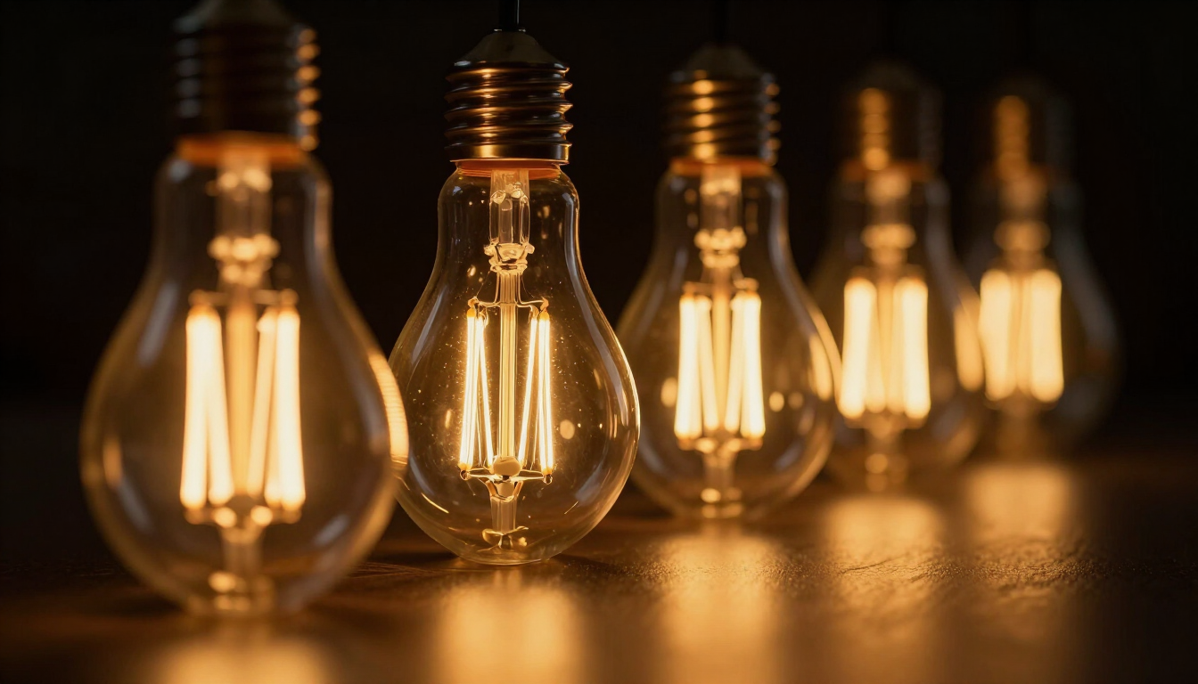 Bombillas vintage de luz cálida alineadas sobre una superficie oscura.