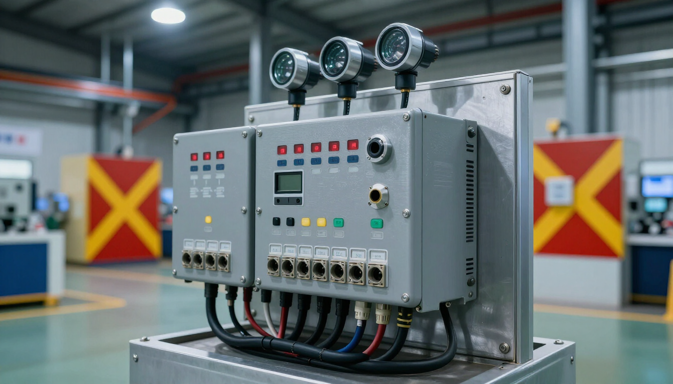 Panel de control industrial con indicadores, botones y cableado en un entorno de fábrica.