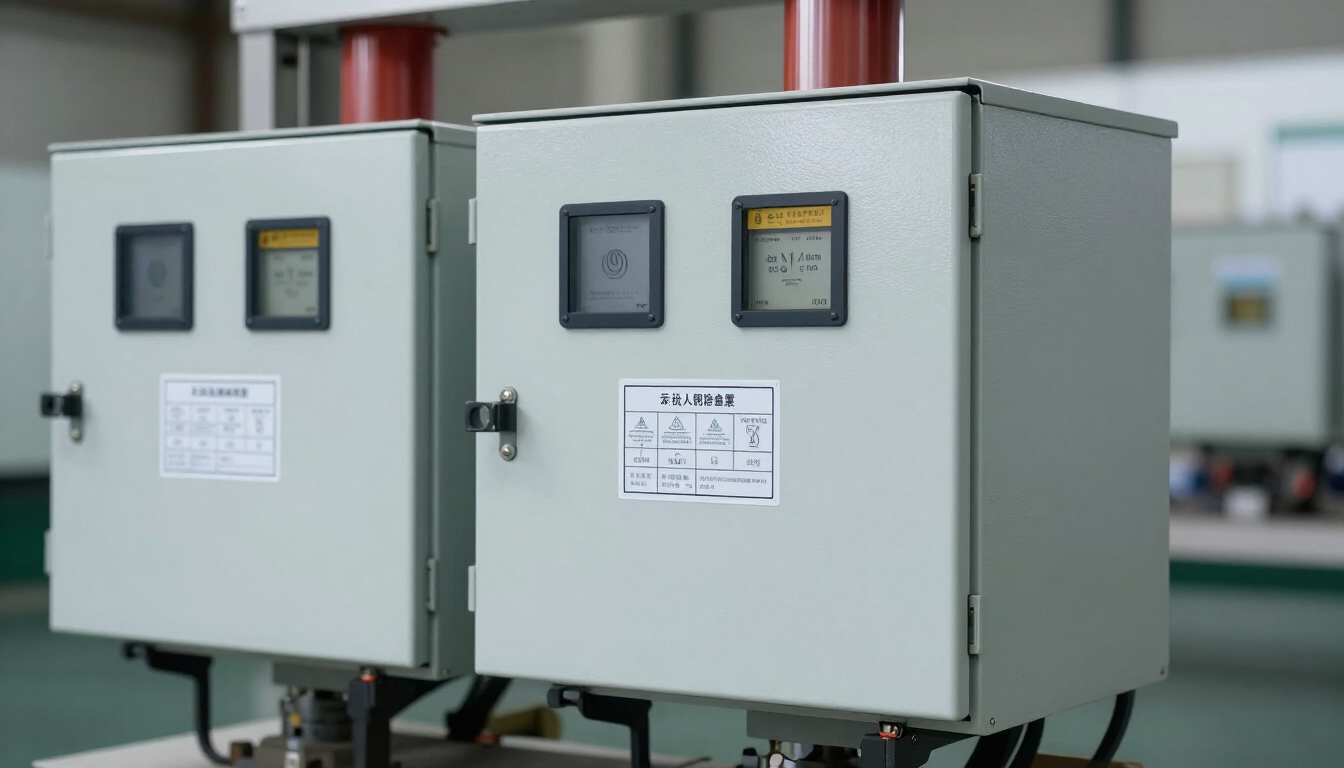 Dos cajas de control eléctrico grises con indicadores y etiquetas en un entorno industrial.