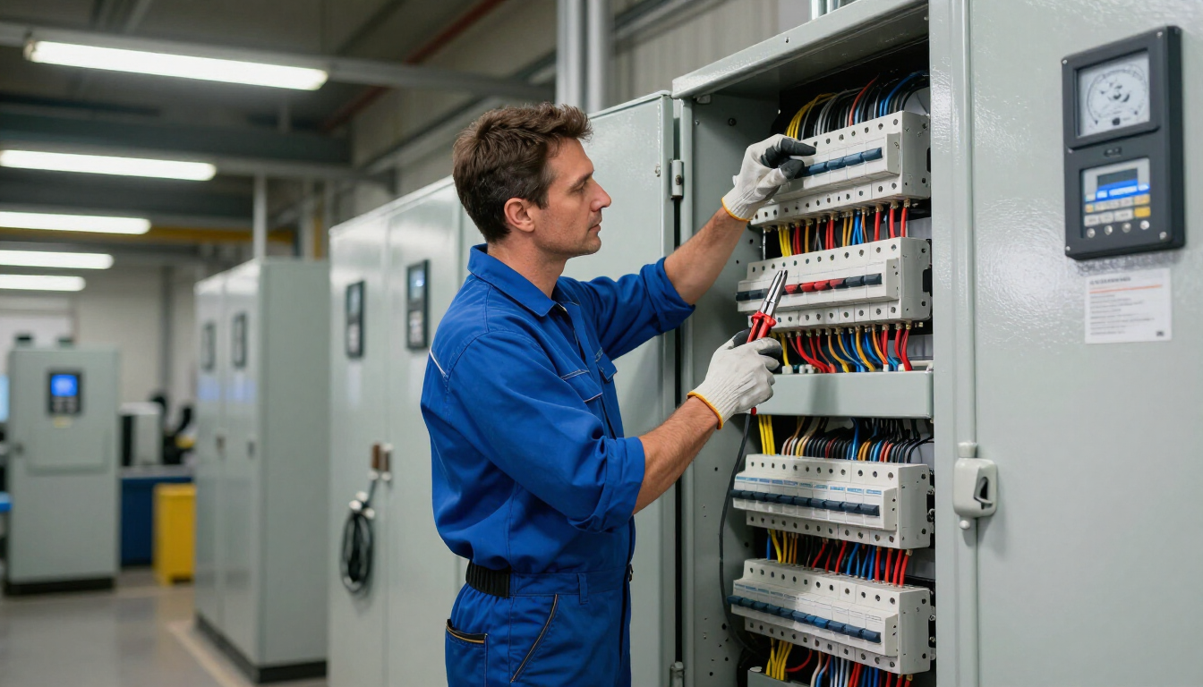 Técnico con uniforme azul inspeccionando un panel de control eléctrico en una instalación industrial.