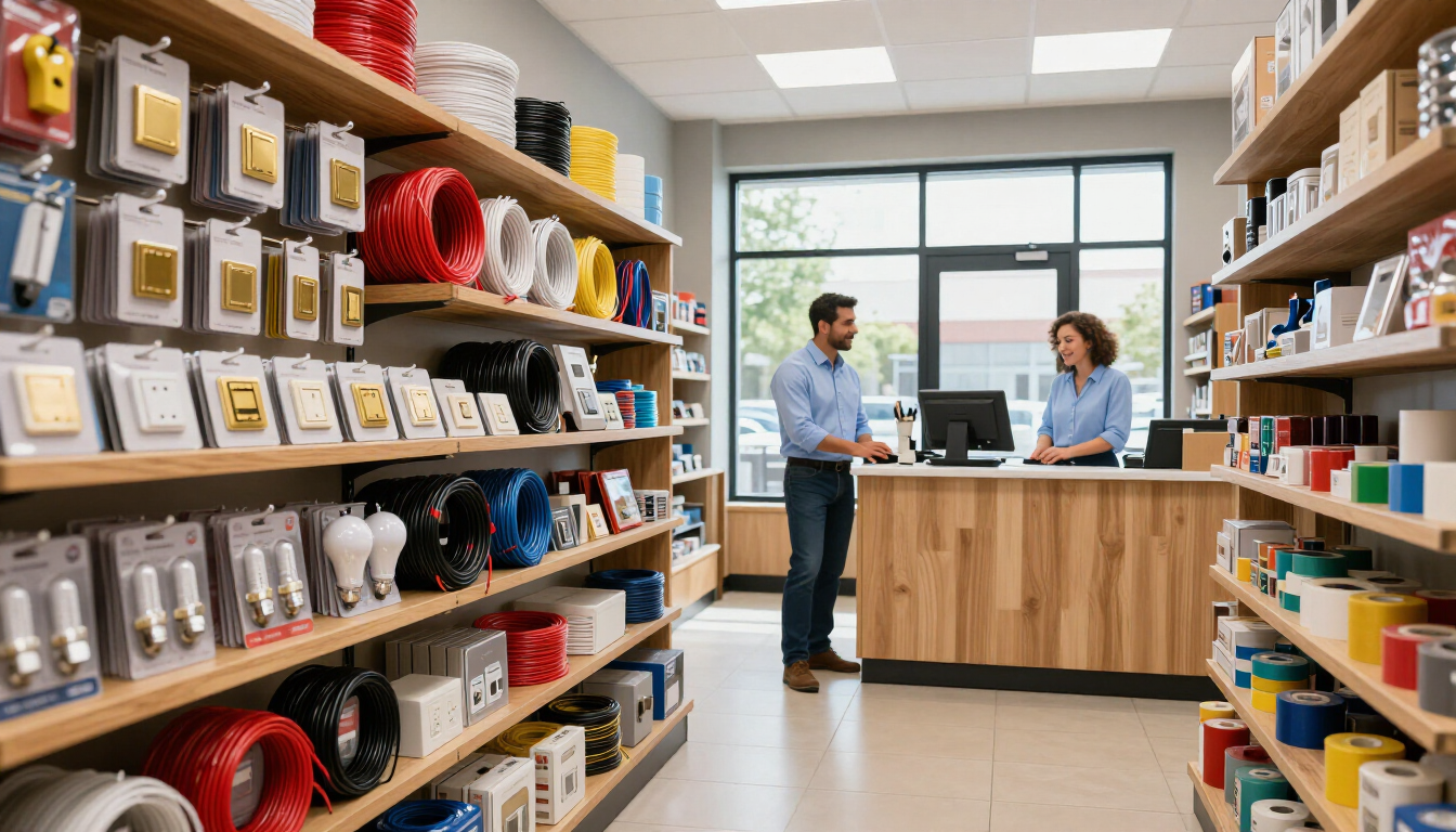 Dos personas conversando en un mostrador de madera en una luminosa tienda con estantes llenos de productos empaquetados.