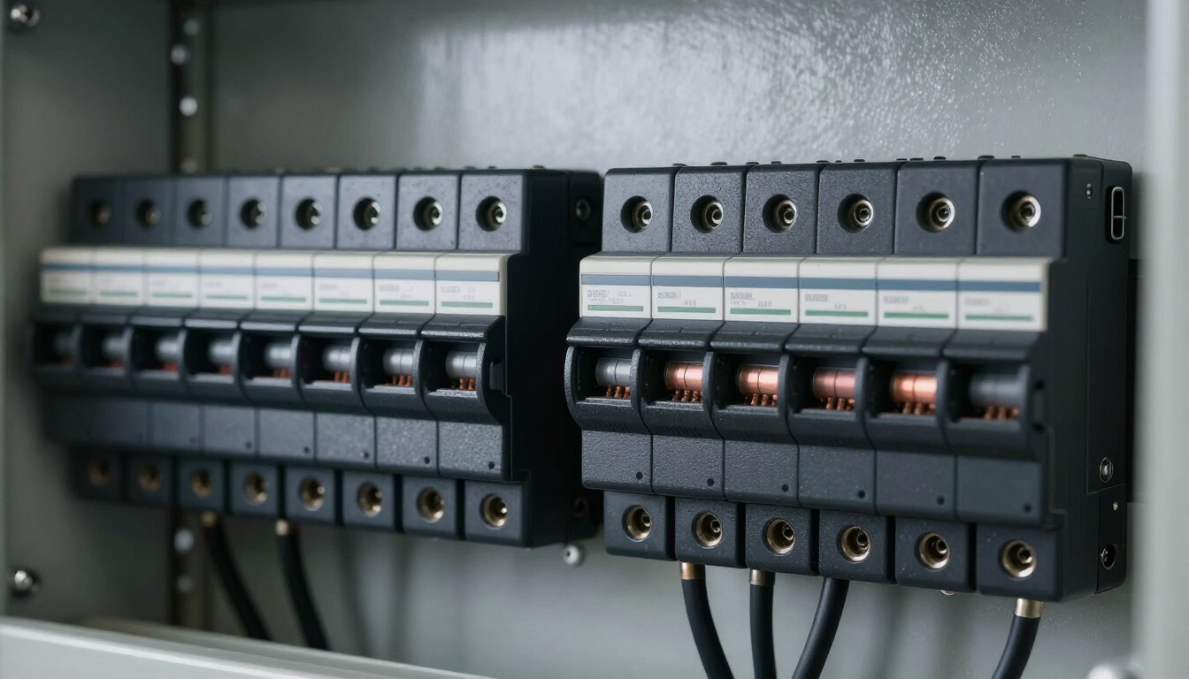 Fila de disyuntores eléctricos en un panel de control gris con interruptores y cableado debajo.