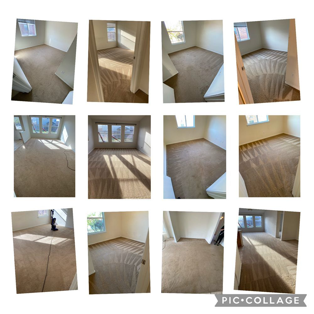 A collage of pictures of a room with a carpeted floor
