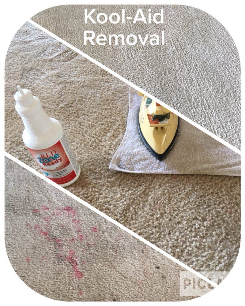 A picture of a carpet being cleaned with kool aid and an iron.