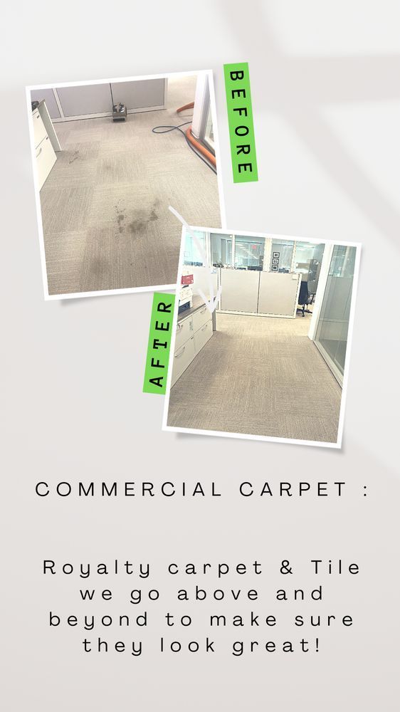 A before and after picture of a commercial carpet being cleaned.