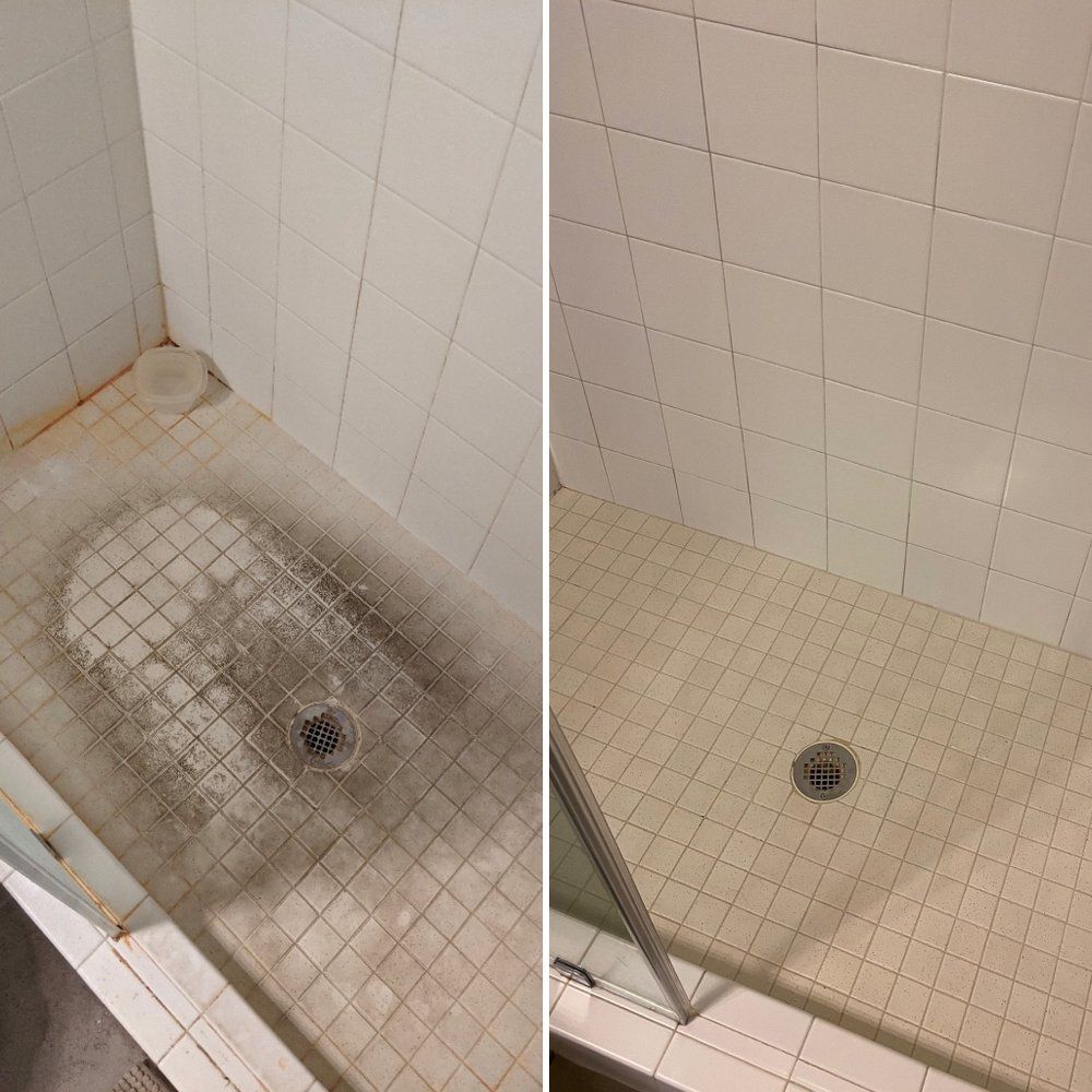 A before and after photo of a dirty shower stall and a clean shower stall.