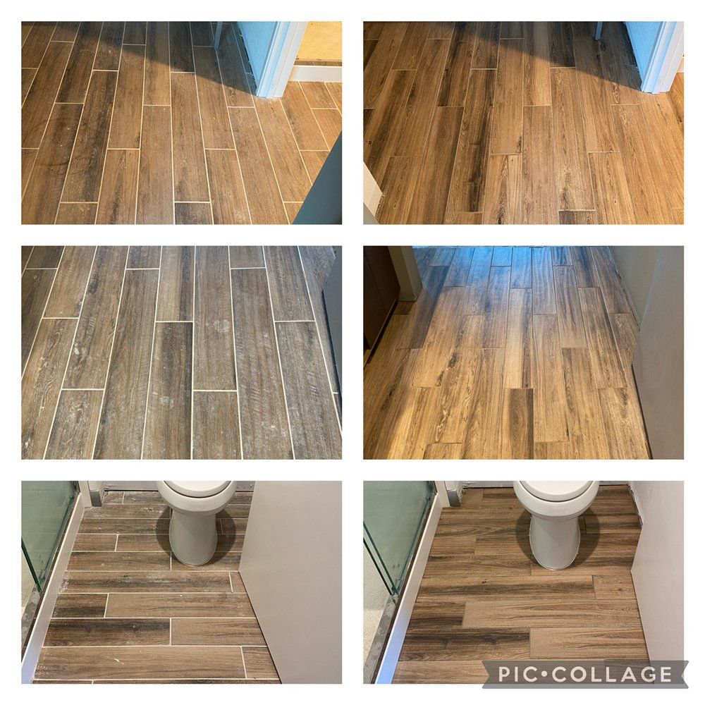 A before and after photo of a bathroom floor with wooden tiles and a toilet.