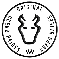 Logotipo de Cuero Baires: diseño circular con cabeza de toro en el centro, texto 