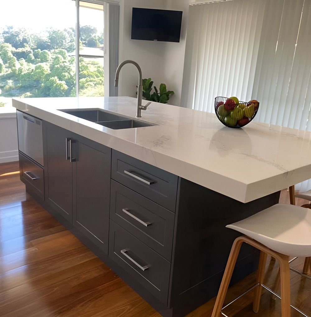 Modern Charcoal Kitchen Island Cabinets — Paul Tagget Kitchens In Byron Bay, NSW