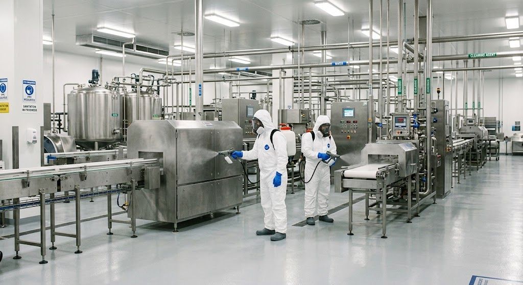 Workers in white suits operate stainless steel machinery in a bright food-processing plant