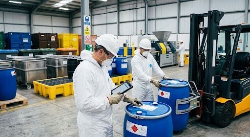 Workers in white protective suits inspect blue chemical drums in a warehouse beside a forklift.