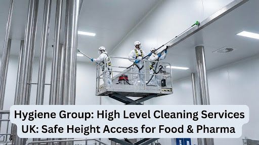 Workers in protective suits on a lift cleaning high-level equipment in a food or pharmaceutical facility.