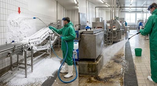 Workers in green uniforms clean a fish-processing room with hoses and stainless steel equipment.