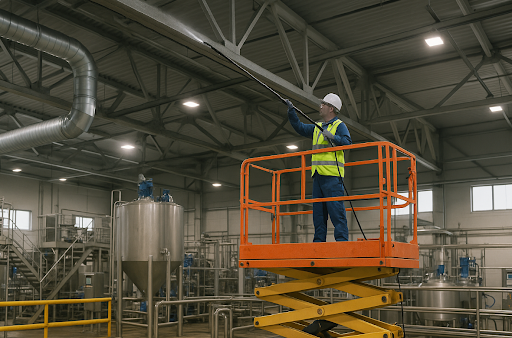 Worker in hard hat on orange scissor lift inside an industrial factory, inspecting equipment and piping.