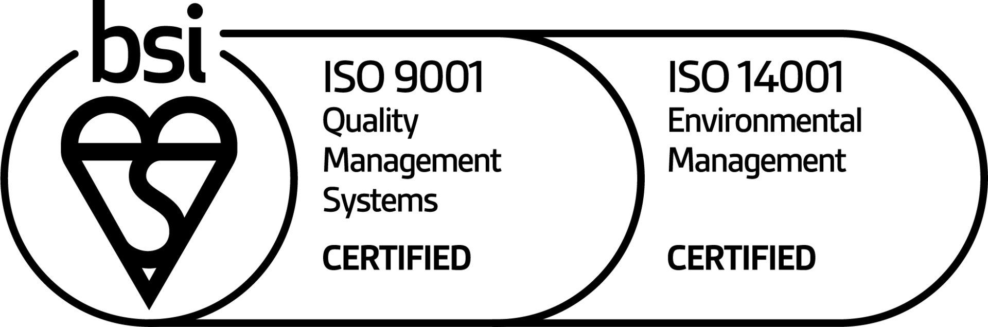 A black and white logo for bsi iso 9001 quality management systems and iso 14001 environmental management