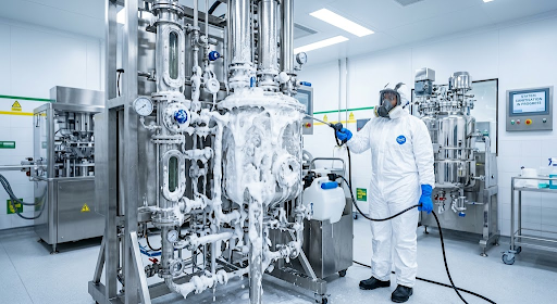 Foam cleaning applied to vertical pharmaceutical machinery preventing contamination.