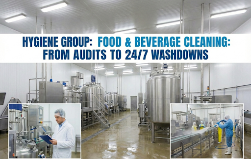 Food and beverage plant with workers, machinery, and title: Hygiene Group, Food & Beverage Cleaning.