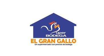 Logotipo para supermercado El Gran Gallo: forma de casa azul, gráfico de gallo y texto.