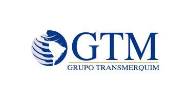 Logotipo para GTM - Grupo Transmerquim: Globo terráqueo con Sudamérica y nombre de la empresa en color azul.