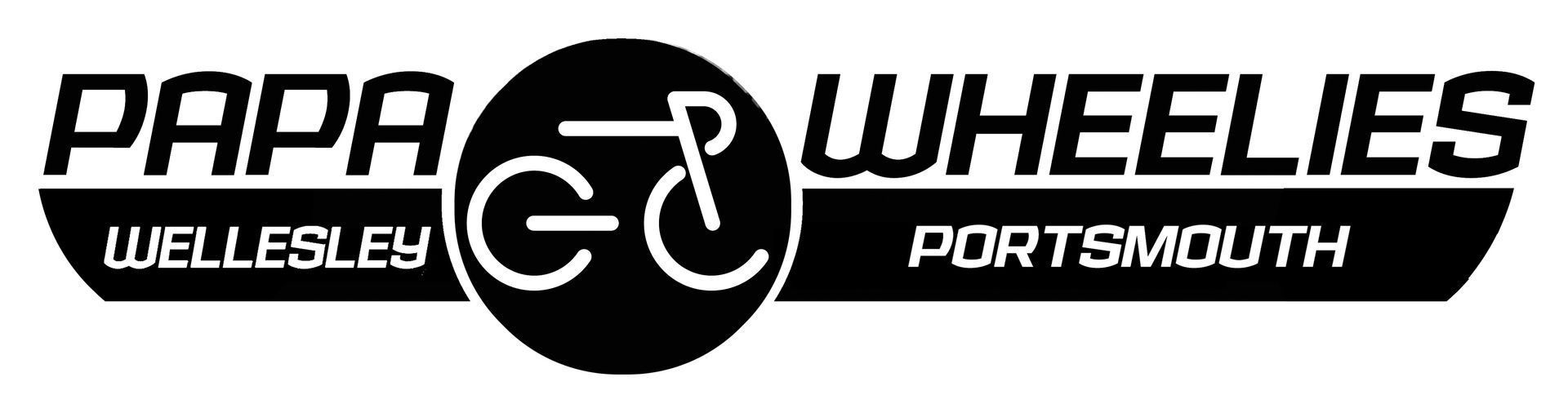 Logo for Papa Wheelies bicycle shop in Wellesley and Portsmouth, featuring a minimalist bicycle icon in a black circle.