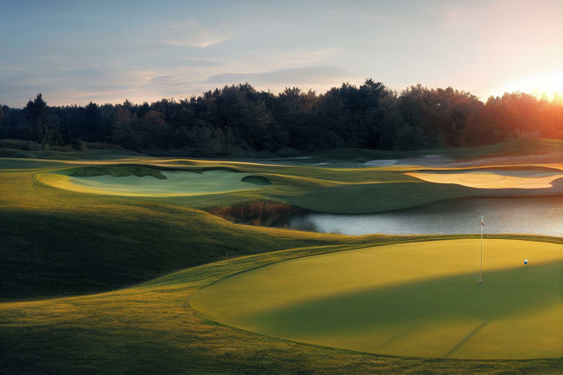 A scenic golf course at sunset with a green putting area in the foreground, a pond, and a dark forest backdrop.