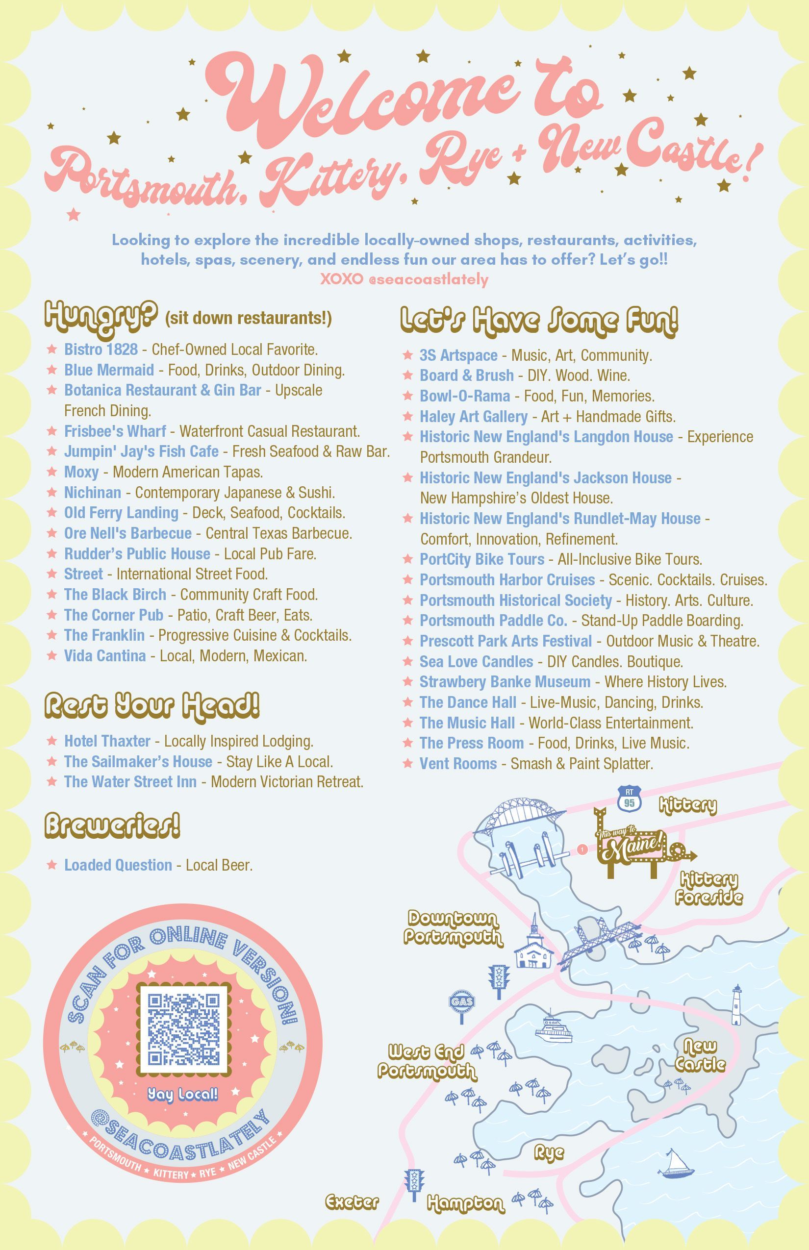 A travel guide map for Portsmouth, Kittery, Rye, and New Castle, featuring lists of local attractions and a regional map.