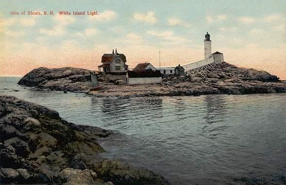 A vintage postcard view of White Island Light, a white lighthouse and keeper's house on a rocky island in the ocean.