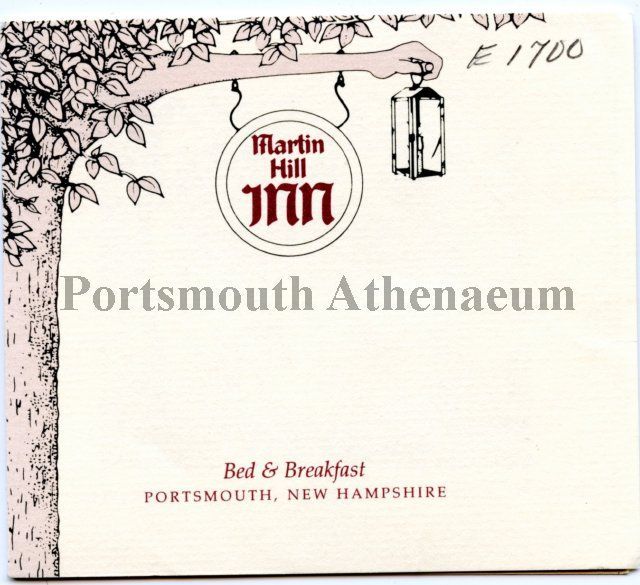Martin Hill Inn Portsmouth Athenaeum bed and breakfast logo with sketch of leaves and lantern.