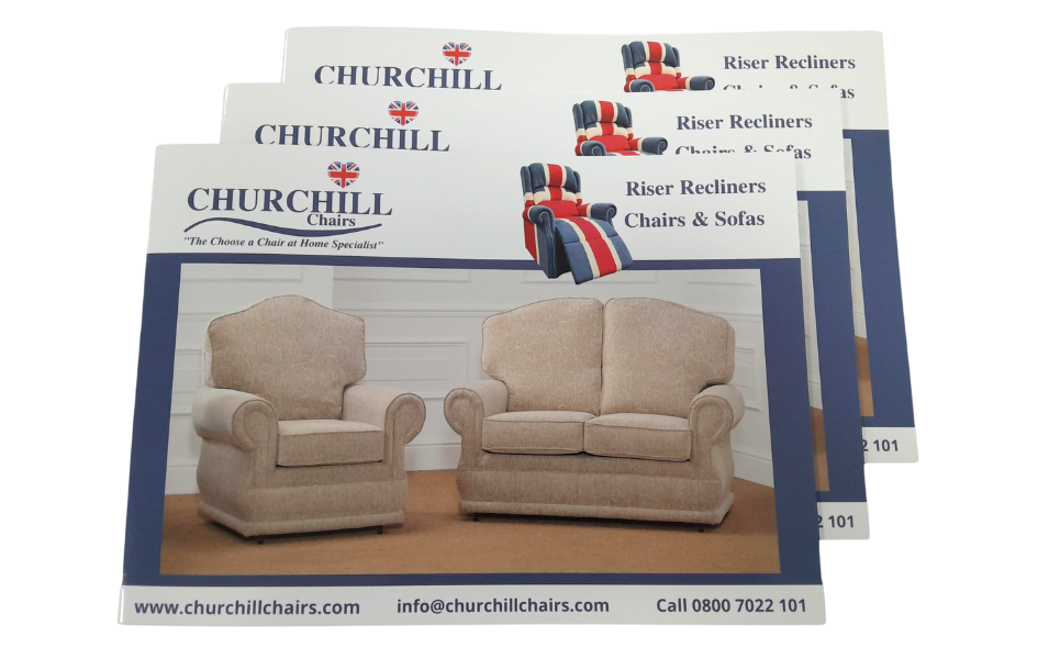 A stack of churchill business cards with a picture of a couch and chair