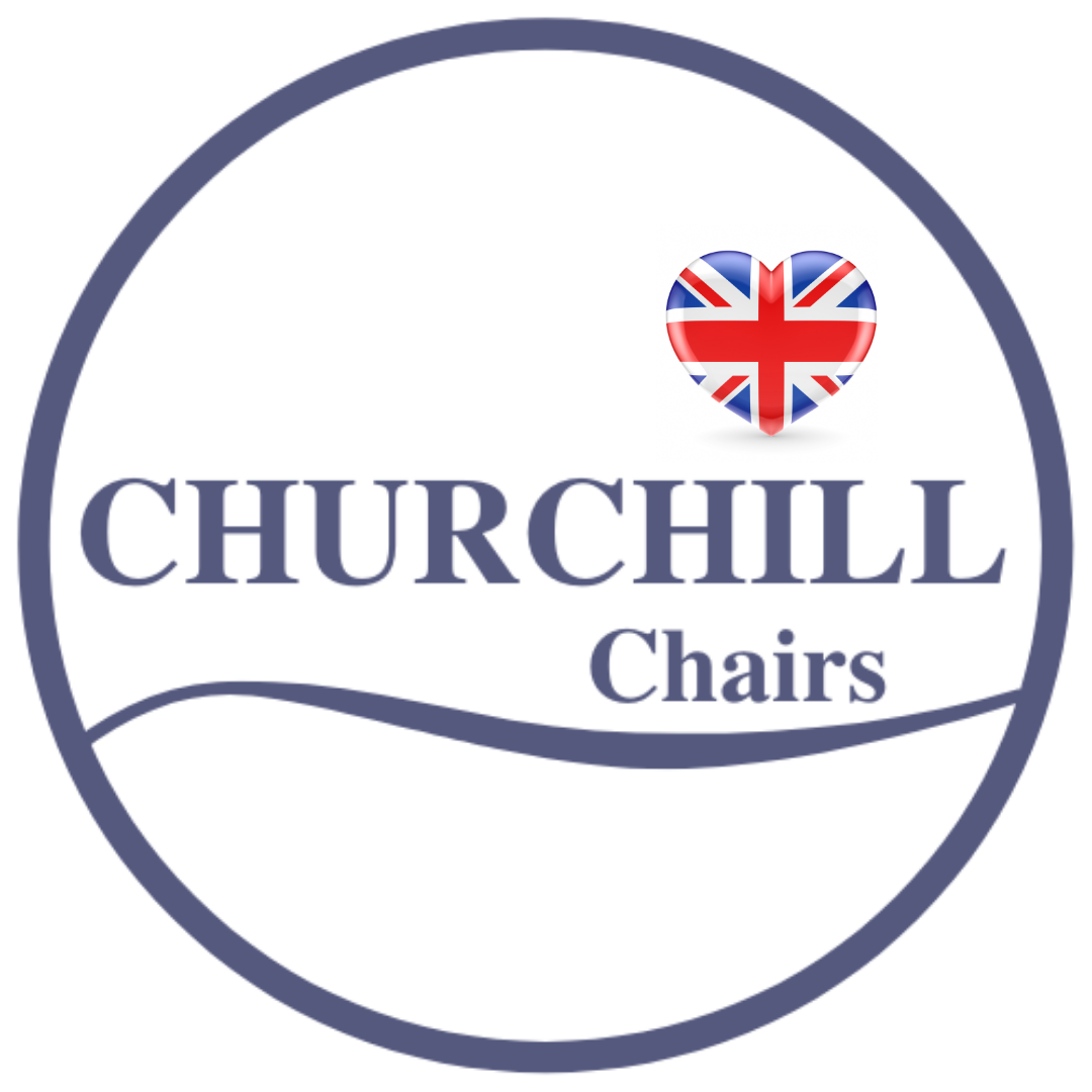 A logo for churchill chairs with a british flag on it