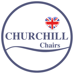 A logo for churchill chairs with a british flag on it