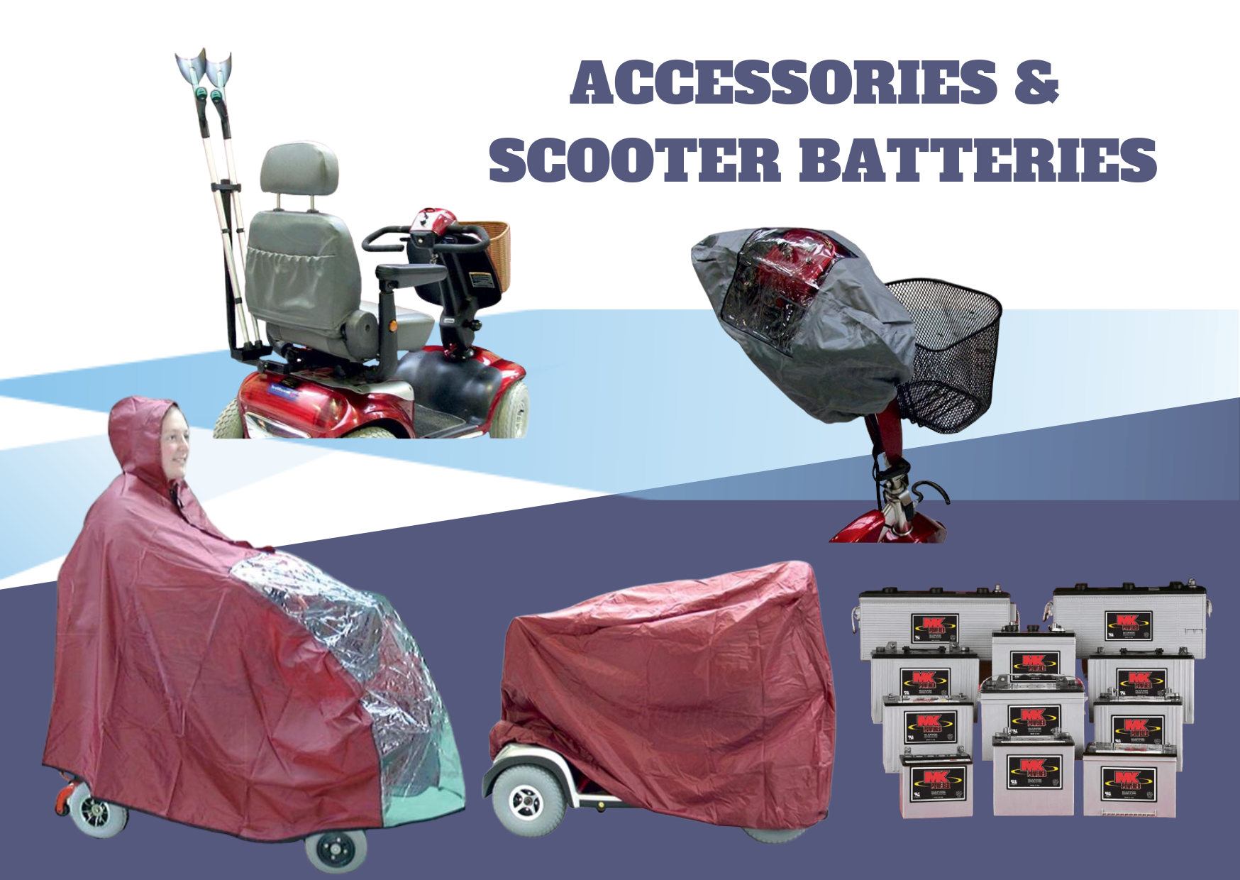 A poster for accessories and scooter batteries with a woman in a raincoat on a scooter.