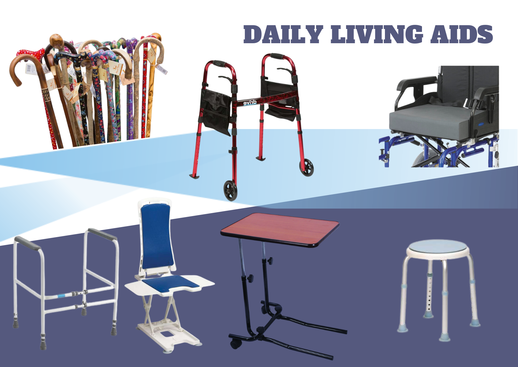 A picture of daily living aids including walkers chairs and tables