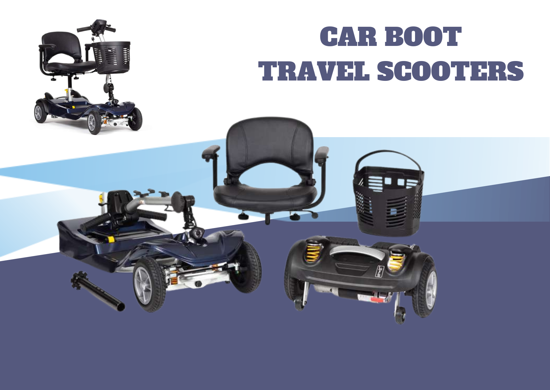 A group of car boot travel scooters are sitting on top of each other on a blue and white background.