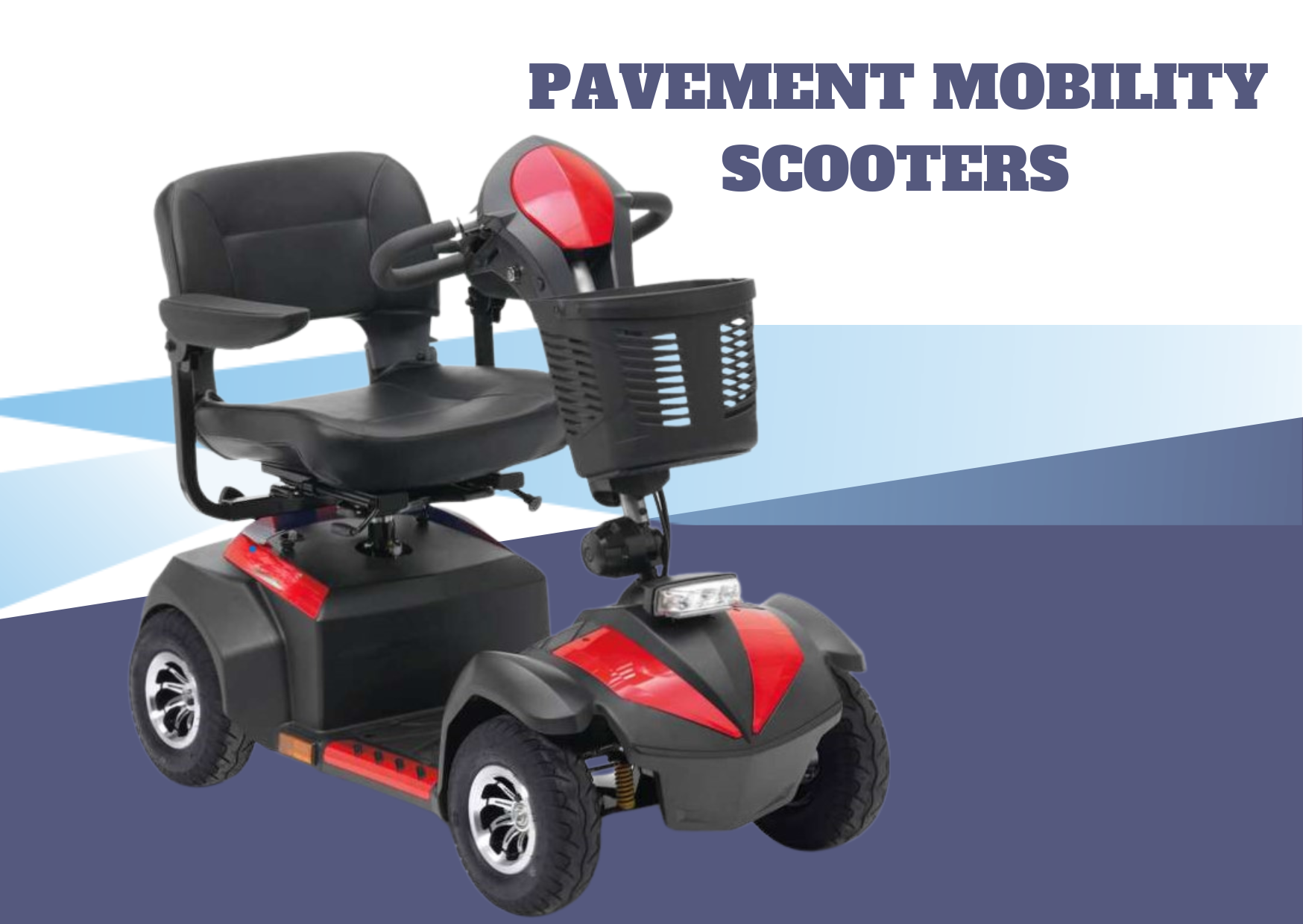 A red and black scooter with the words pavement mobility scooters below it