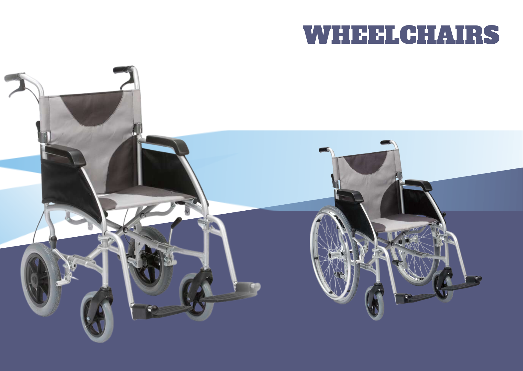 Two wheelchairs on a blue and white background with the words wheelchairs above them