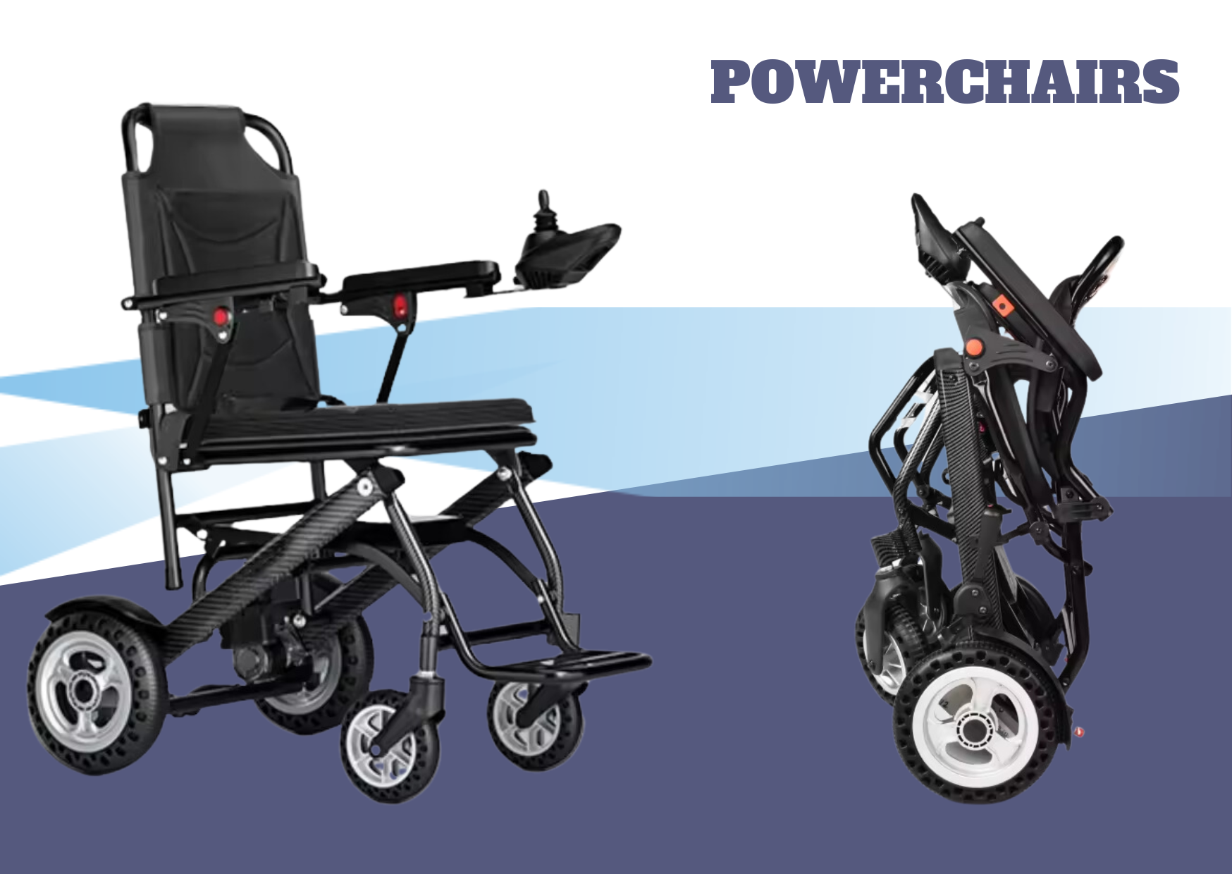 A picture of a folding electric wheelchair on a blue background.