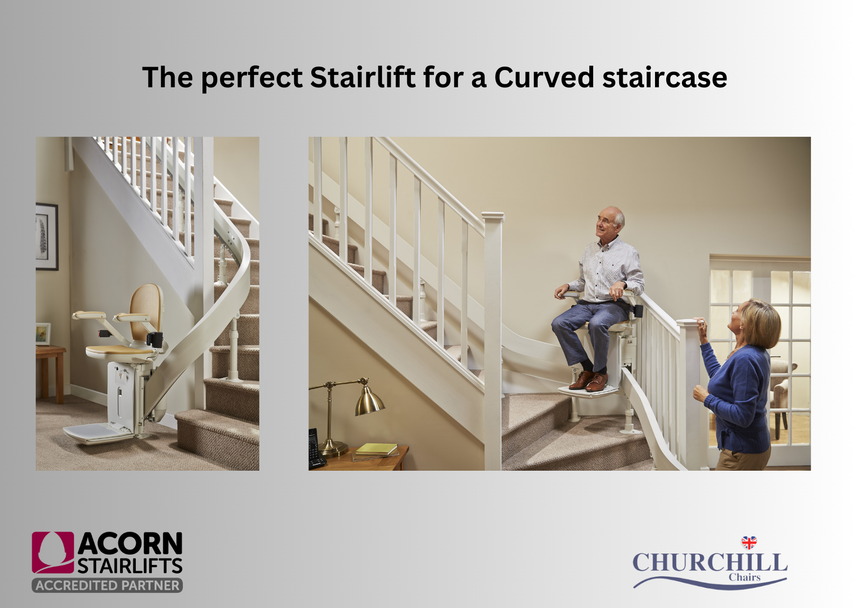 The perfect stairlift for a curved staircase is shown in a brochure.