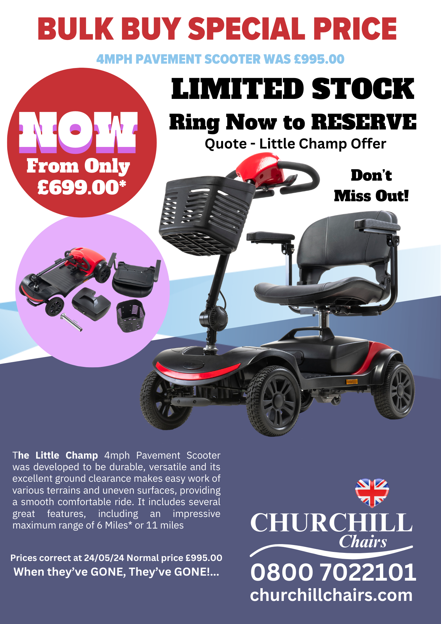 An advertisement for a mobility scooter that is being sold for a special price.