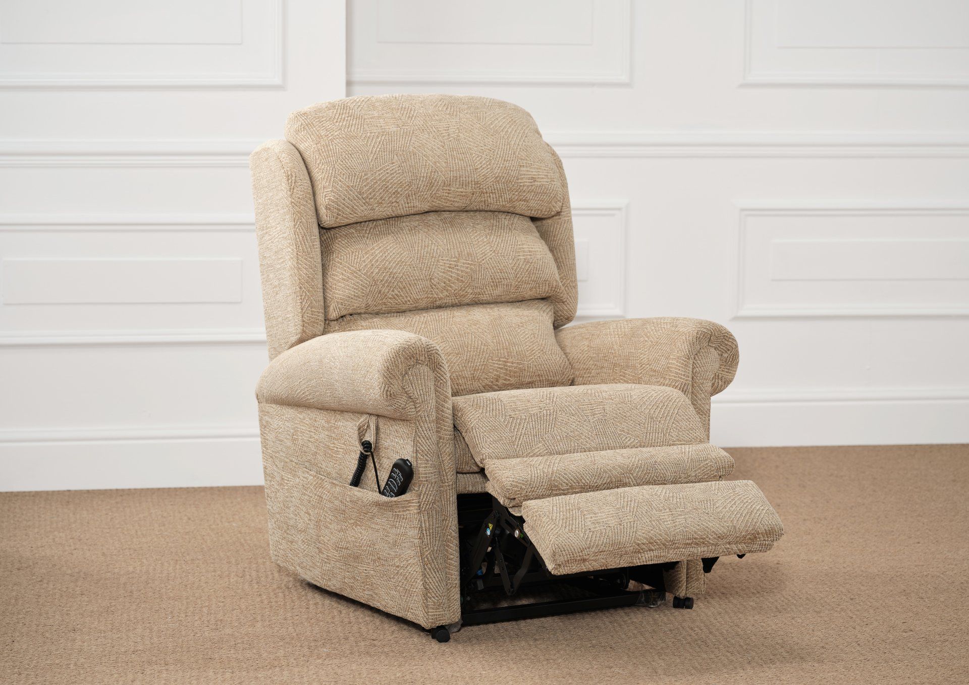 A beige recliner is sitting on a carpet in a room.
