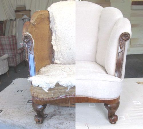 A before and after picture of a chair being restored by Churchill Chairs