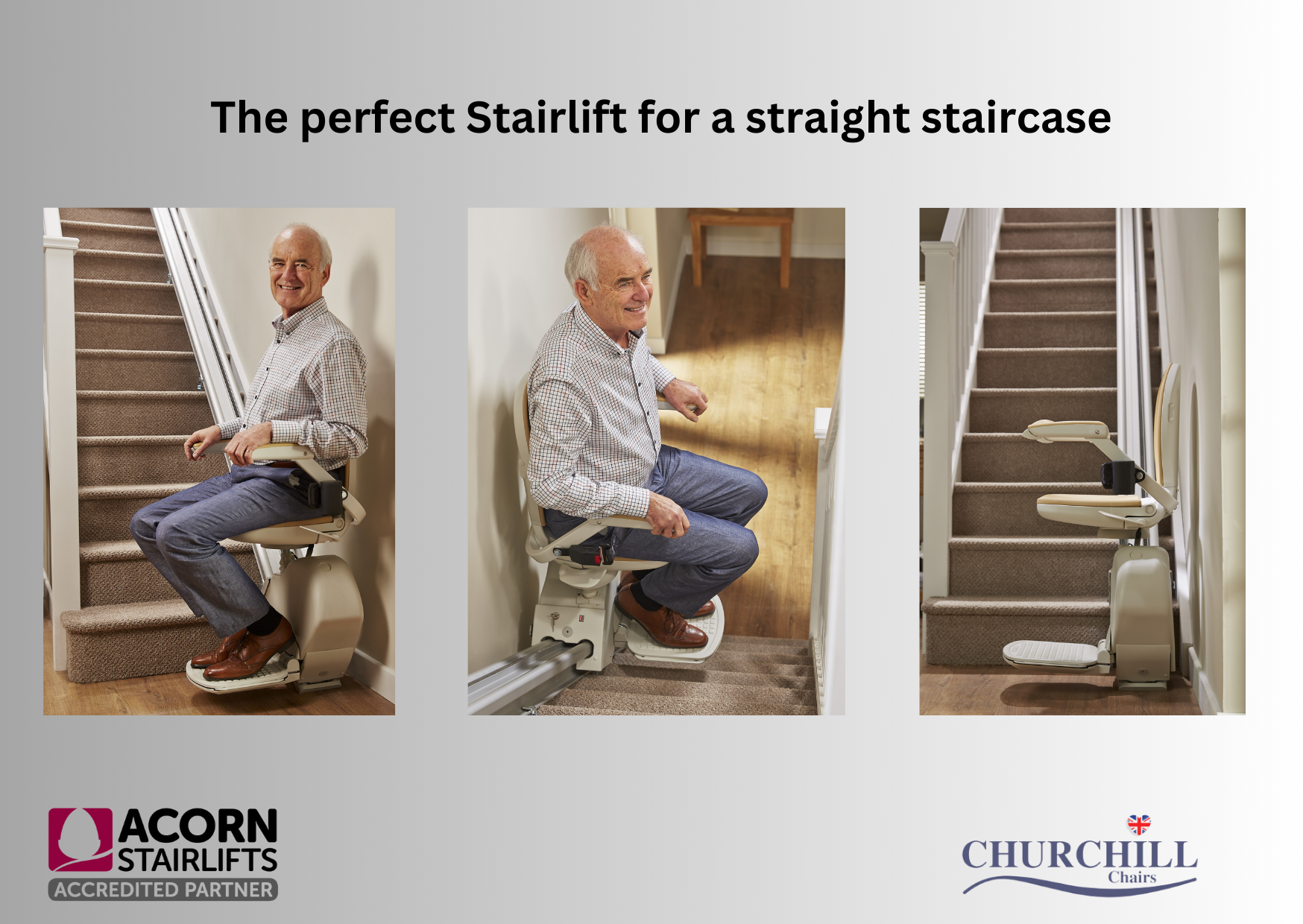 A man is sitting in a stair lift on a straight staircase.