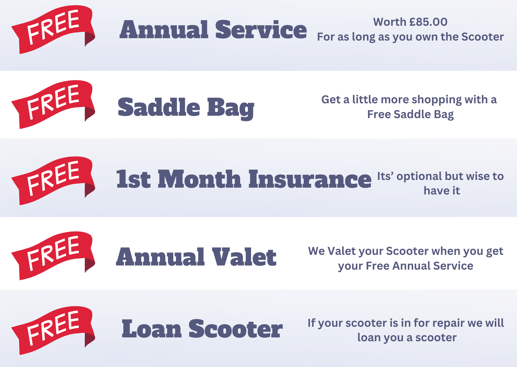 A flyer that says free annual service free saddle bag free 1st month insurance free annual valet and free loan scooter