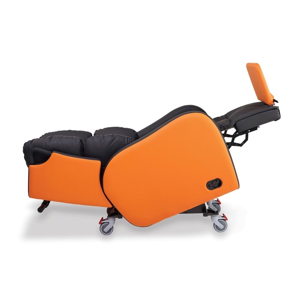 An orange and black chair with wheels on a white background