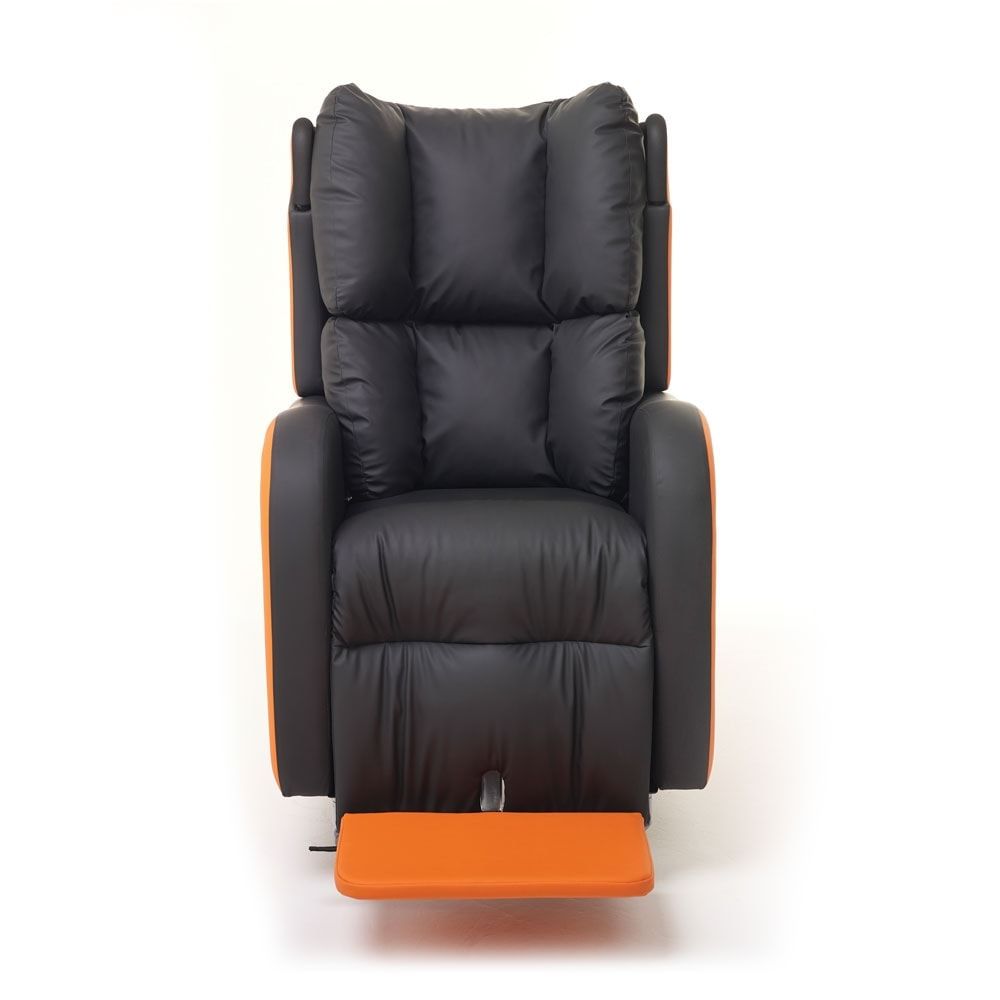 A black and orange recliner with an orange footrest