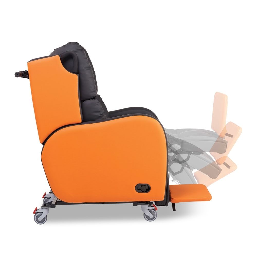 An orange and black chair with wheels on a white background